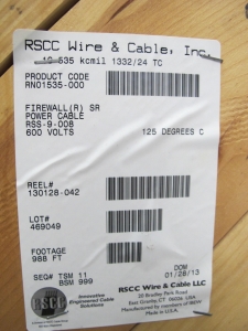 LOT (988 FT) OF CABLE, ELECTRICAL TYPE, 500 KCMIL EXTRA FLEXIBLE KIND. 1/C 535 (MCM), 1332 STRANDS TINNED COPPER, 110 MILS SILICONE RUBBER INSULATION, ROCKHIDE BRAID JACKET, 600V FIREWALL SR (W-44) LOADING & HANDLING FEE $15-